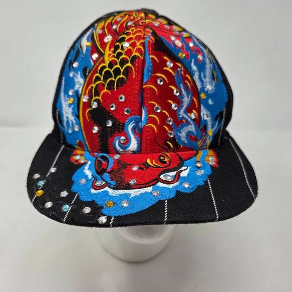 DON ED HARDY DETH KOI BLACK RED RHINESTONE PINSTRIPE HAT CAP FITTED 7 1/4
